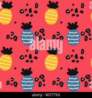 abstract modern seamless vector pattern background illustration with pineapples and animal print with leopard dots Stock Vector