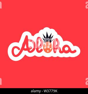 cute hand drawn lettering aloha word with pineapple vector summer card Stock Vector