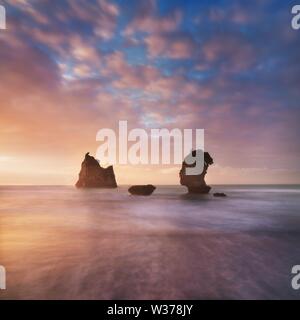 Rocky Islands, sand dunes, Wharariki Beach, Golden Bay, Nelson District, Southland, New Zealand Romantic landscape background  Sea stacks on Wharariki