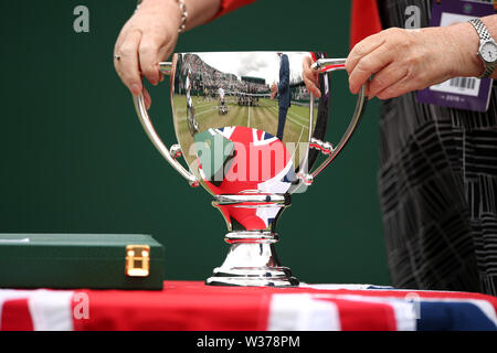 Close up of the Men's Quads Wheelchair singles trophy on day twelve of the Wimbledon Championships at the All England Lawn Tennis and Croquet Club, Wimbledon. Stock Photo