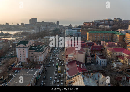 VLADIVOSTOK, RUSSIA - FEBRUARY 25, 2015: Svetlanskaya street view. Svetlanskaya Street is a major street in Vladivostok, Russia. Stock Photo