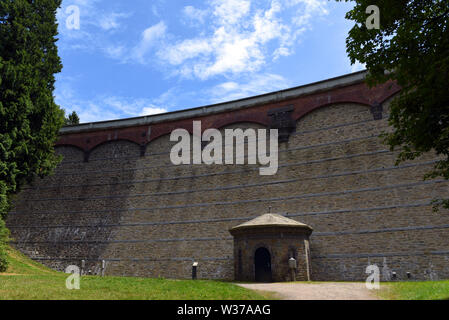 Remscheid, Germany. 10th July, 2019. The dam of the Eschbach dam, which was opened in 1891. It is the first drinking water dam in Germany and the Eschbach is dammed. Credit: Horst Ossinger//dpa/Alamy Live News Stock Photo