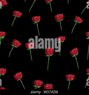 Vector seamless pattern with red rose button on the stem and branches on a black background. Stock Vector