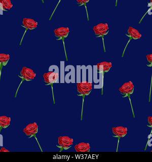 Vector seamless pattern with red rose button on the stem and branches on a dark-blue background. Stock Vector