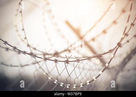 The mesh of the metal fence on top of the wound spiral barbed wire, a sharp blade which reflects the Sunny morning light and the bright sky. The hope Stock Photo