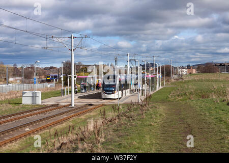 Edinburgh tram 20 calling at Sougfhton with a York Place - Edinburgh Airport service Stock Photo