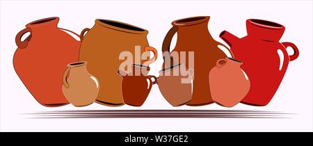 Flat drawing of ceramic jugs. Tableware for drinks. Ceramic jug. Isolated, white. Vector Stock Vector
