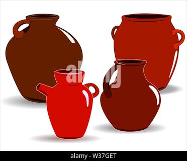 Flat drawing of ceramic jugs. Tableware for drinks. Ceramic jug. Isolated, white. Vector Stock Vector