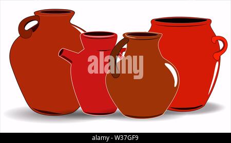 Flat drawing of ceramic jugs. Tableware for drinks. Ceramic jug. Isolated, white. Vector Stock Vector
