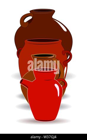 Flat drawing of ceramic jugs. Tableware for drinks. Ceramic jug. Isolated, white. Vector Stock Vector