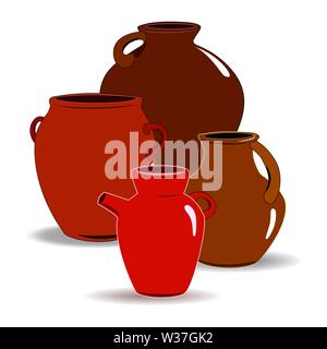 Flat drawing of ceramic jugs. Tableware for drinks. Ceramic jug. Isolated, white. Vector Stock Vector