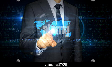 A businessman in a suit touch the screen with world symbol hologram. Man using virtual display interface. Global business, worldwide network, globaliz Stock Photo