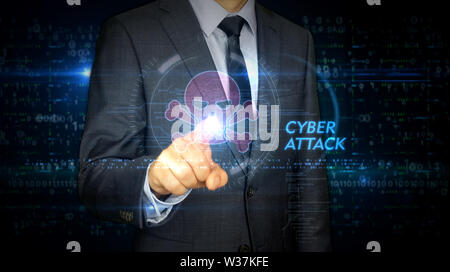 A businessman in a suit and screen with pirate skull symbol hologram. Man using virtual display interface. Cyber attack, online crime, theft and fraud Stock Photo