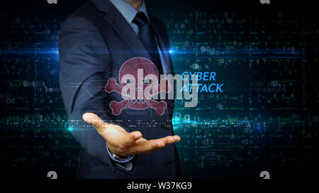 A businessman in a suit and screen with pirate skull symbol hologram. Man using virtual display interface. Cyber attack, online crime, theft and fraud Stock Photo