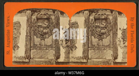 The Spanish Coat of Arms and inscription over the gate or Sallyport of the Fort, from Robert N Dennis collection of stereoscopic views 3 Stock Photo