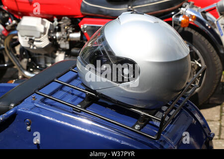 Details of a motorcycle with a stroller. Stock Photo