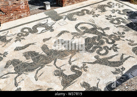Archaeological excavations of Ostia Antica and the famous  mosaic of Triumph of Neptunewith  mythological scenes located in the ancient Roman baths of