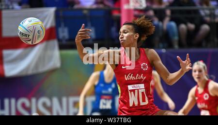 Liverpool. United Kingdom. 13 July 2019. Serena Guthrie (England) during the Preliminary game between England and Scotland at the Netball World Cup. M and S arena, Liverpool. Merseyside. UK. Credit Garry Bowdenh/SIP photo agency/Alamy live news. Stock Photo