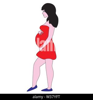 Pregnant woman and future mom in red dress isolated on a white background. Stock Vector
