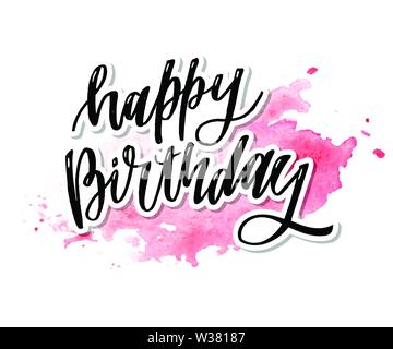 Happy birthday hand drawn vector lettering design on background of pattern with stripes. Perfect for greeting card. Stock Vector