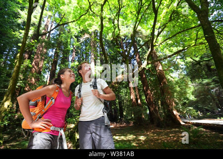 Hiking couple in forest Redwoods, San Francisco. Hiker couple walking among Redwood trees near San Francisco, California, USA. Multiracial couple, young Asian woman and Caucasian man. Stock Photo