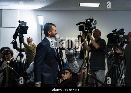 Washington, District of Columbia, USA. 12th June, 2019. Donald Trump jr., son of U.S President Donald Trump, arrives prior to meeting with the Senate Intelligence Committee on Capitol Hill in Washington, DC on June 12, 2019. Lawmakers are expected to question Trump about the Trump Tower project in Moscow and a June 2016 Trump Tower meeting in New York when he and other Trump campaign advisers met with a Russian lawyer whom they believed had damaging information on 2016 Democratic presidential nominee Hillary Clinton Credit: Alex Edelman/ZUMA Wire/Alamy Live News Stock Photo