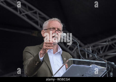 Jeremy Corbyn MP, Leader of the Labour party, speaking at the 135th Miners' Gala in Durham, 13th July 2019 Stock Photo
