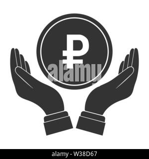 Coin with the symbol of the Russian ruble and palms apart. Flat simple design Stock Vector