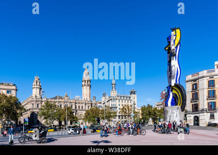 BARCELONA, SPAIN - NOVEMBER  03, 2018: El Cap de Barcelona, colorful statue by the sea in Passeig de Colom. Barcelona, Spain. Stock Photo