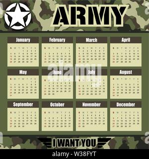 Annual calendar in the army subject, with the option of adding soon, company data, besides changes in camouflage colors and in the base of the months. Stock Vector