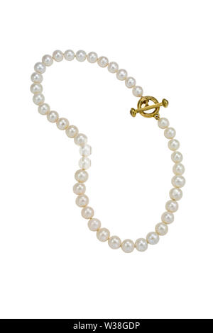 Single strand white pearl necklace with gold clasp. Set on a white background.