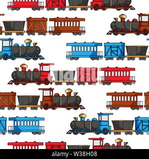 Seamless pattern with colored trains and railroad paths Stock Vector