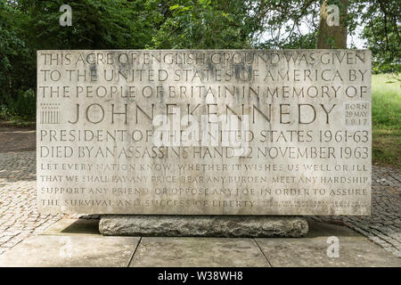 Memorial to John F Kennedy (JFK Memorial stone), President of the United States (US or USA) at Runnymede, Surrey, UK