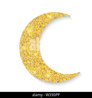 Gold glitter moon icon of Crescent Islamic isolated on white background. Vector Illustration Stock Vector