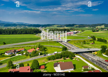 Slovenske Konjice, Slovenia - June 16 2019: Aerial view of construction works on Tepanje toll station on A1 highway in Slovenia. Toll stations are Stock Photo