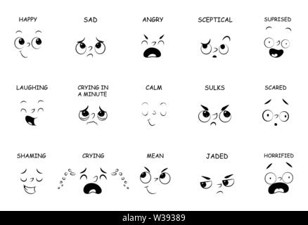 face expressions with names for comic book, cartoon character isolated on white Stock Vector