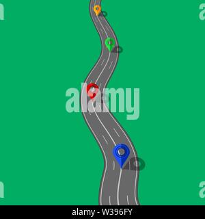 Road and Highway Elements with Markers for City Map Creation. Path Design for Traffic Illustration. Asphalt Traffic Streets Isolated on Green. Stock Vector