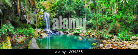 Clean fresh water pool between rocks formed by waterfall cutting through mountains in Tamborine mt national park and lush rainforest, Quensland, Austr Stock Photo