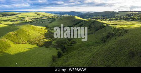 Panoramic view over green hills of countryside fields in soft warm sunset light. Shropshire in United Kingdom Stock Photo