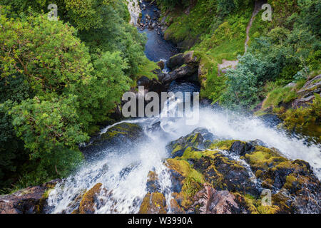 Top down drone shoot onto the tallest single drop waterfall Pistyll Rhaeadr in Wales, UK Stock Photo