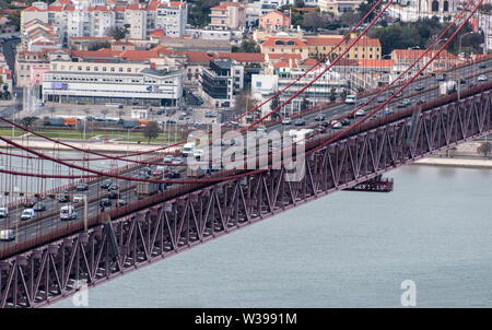 Traffic crossing the 25 de Abril Bridge in Lisbon, Portugal