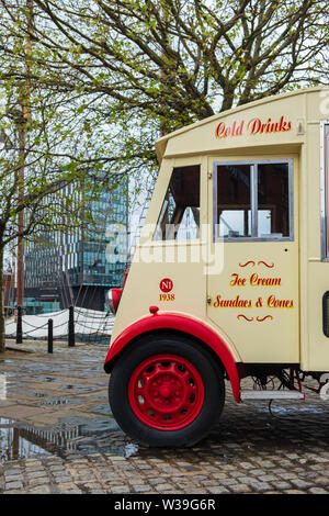 Liverpool, United Kingdom - April 26, 2019: A beautiful classic ice-cream van at the Liverpool Docks, Port of Liverpool, late on a cloudy afternoon Stock Photo