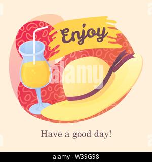 Summer card with orange cocktail and straw hat. Stock Vector