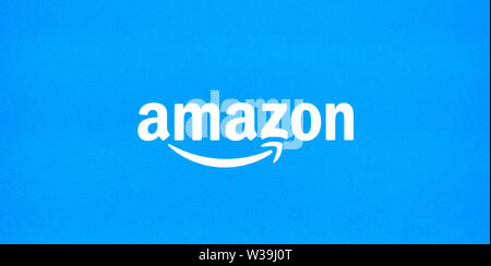 MONTREAL, CANADA - DECEMBER 17, 2018: Amazon writing on a blue box of Amazon Echo. Amazon Echo and Echo Dot are a brand of smart speakers developed by Stock Photo