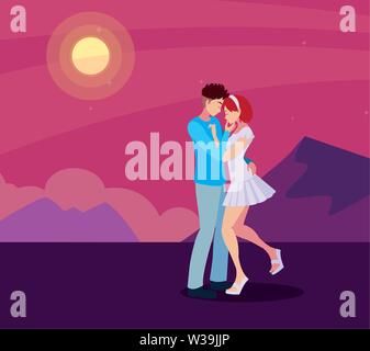 romantic couple hugging sun landscape vector illustration Stock Vector ...