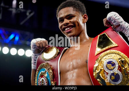 Newark, New Jersey, USA. 14th July, 2019. SHAKUR STEVENSON celebrates after defeating ALBERTO GUEVARA in a featherweight NABO Title bout at the Prudential Center in Newark, New Jersey. Credit: Joel Plummer/ZUMA Wire/Alamy Live News Stock Photo