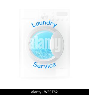 Vector realistic washing-machine with soup bubbles isolated on white background. Laundry template. 3D illustration. Stock Vector