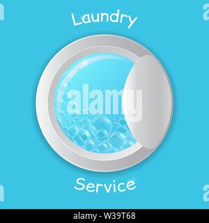 Vector realistic washing-machine door with soup bubbles isolated on blue background. Laundry template. 3D illustration. Stock Vector