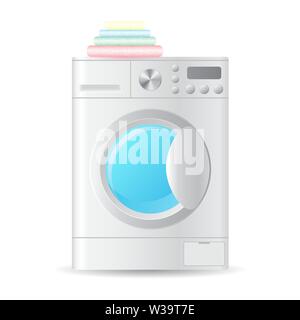 Vector realistic automatic front-loading washing-machine with pile of colorful towels isolated on white background. 3D illustration. Stock Vector