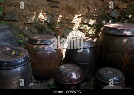 Platform for crocks of sauces and condiments in a farm, South Korea. Stock Photo